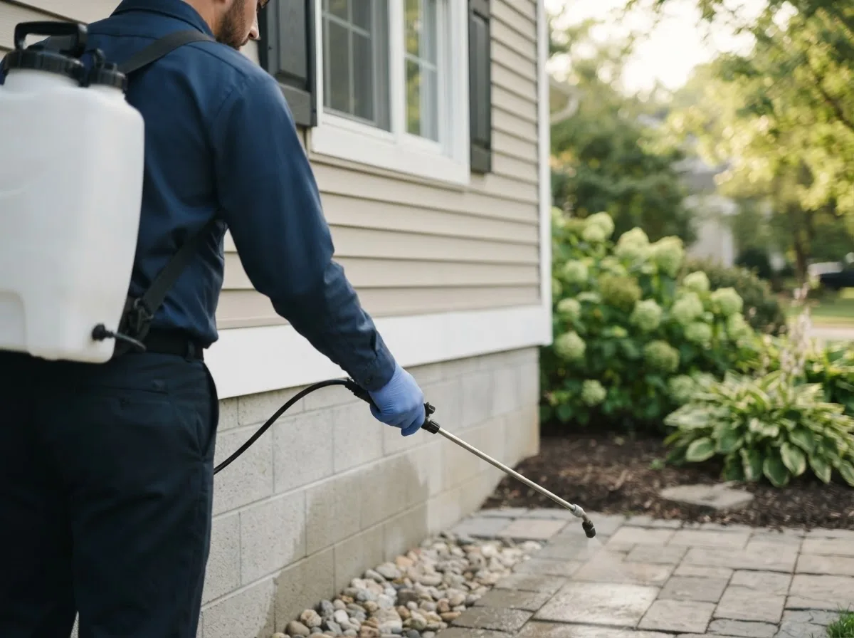 Pest control technician inspecting a home in Pell Lake, WI